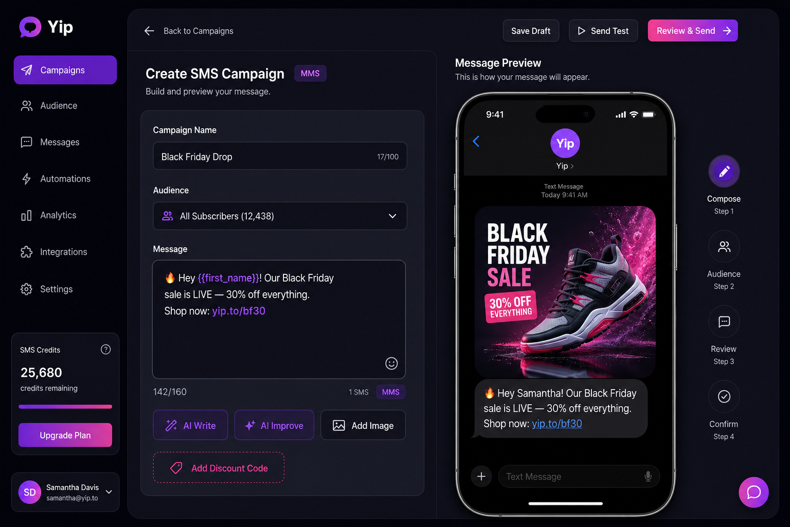 YipSMS campaign builder composing an MMS with image preview