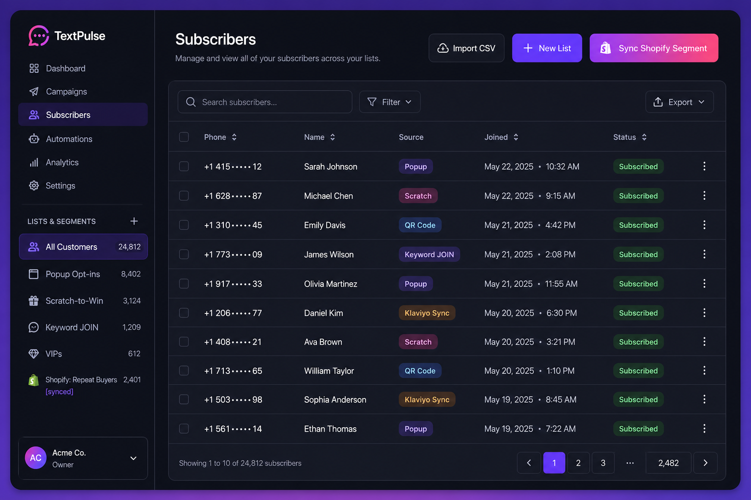 YipSMS Lists and Segments management with Shopify segment imports