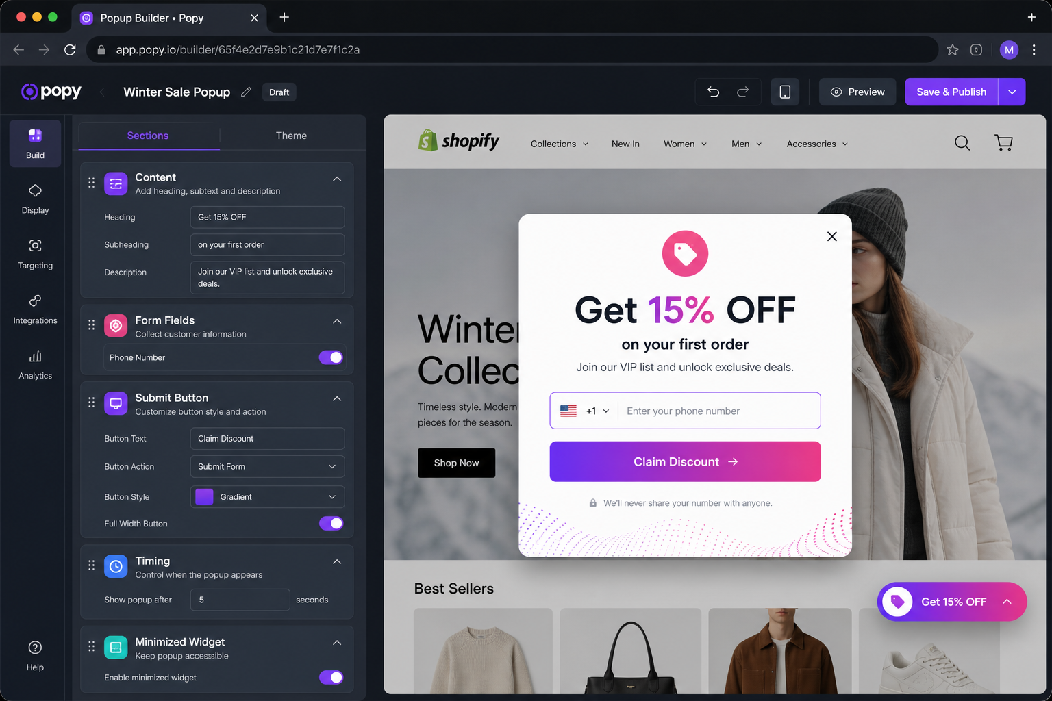 YipSMS popup builder with live preview on a Shopify storefront