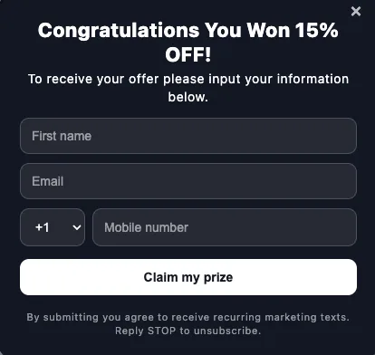 YipSMS opt-in form after winning 15% off