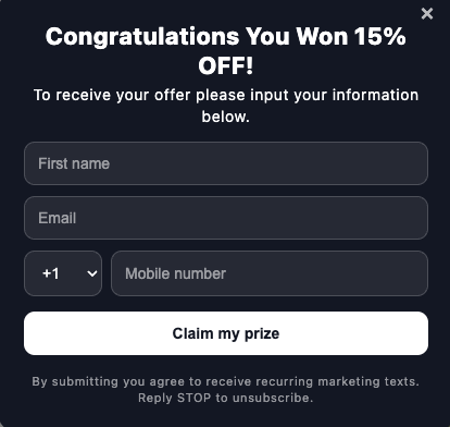 YipSMS opt-in form after winning 15% off